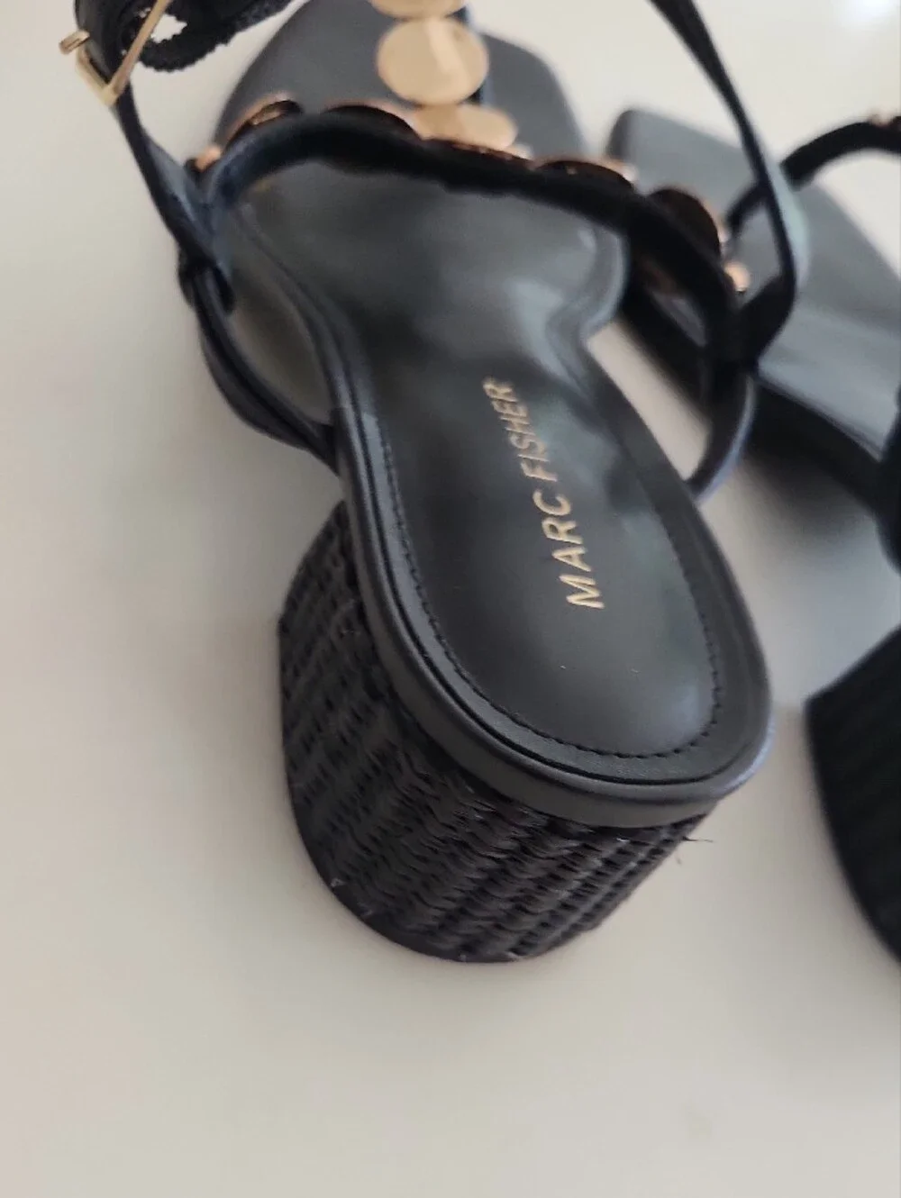 Marc Fisher Black Leather T-Strap Sandals with Hammered Gold Discs